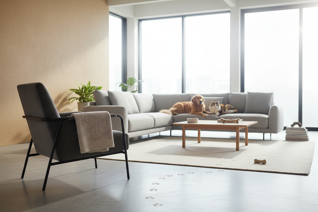 "A cozy and serene pet-friendly environment, soft natural light, modern minimalist interior, subtle hints of pets' presence (like paw prints on a plush rug, a small pet blanket folded on a chair), calm and inviting atmosphere, warm and cool tones blended, lifestyle aesthetic, high quality, photorealistic, ultra-detailed, hero image for a premium pet brand landing page, cinematic composition"