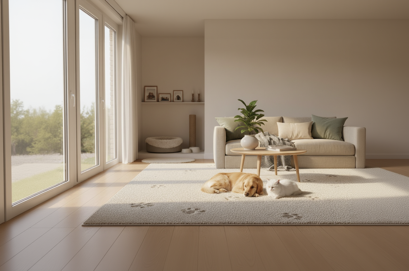 "A warm and inviting living room with soft sunlight streaming through large windows, a plush area rug with subtle paw prints, a stylish pet corner in the background, cozy and serene atmosphere, minimalistic modern design, soft natural colors with hints of green and beige, photorealistic, cinematic composition, ultra-detailed, lifestyle hero image for a premium pet brand, feeling of comfort and care, Instagram-ready aesthetic"